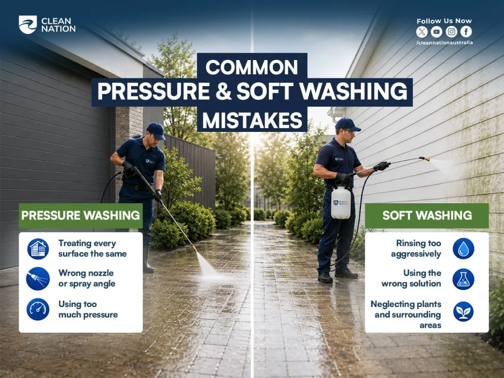 Infographic comparing common pressure washing and soft washing mistakes, including excessive pressure, incorrect spray techniques, harsh rinsing, and neglecting surrounding plants.