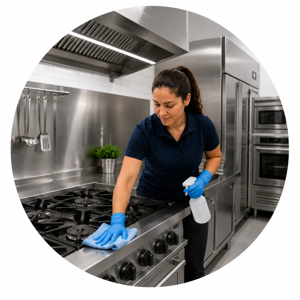 Cleaner degreasing a kitchen cooktop during a Clean Nation kitchen clean in Perth