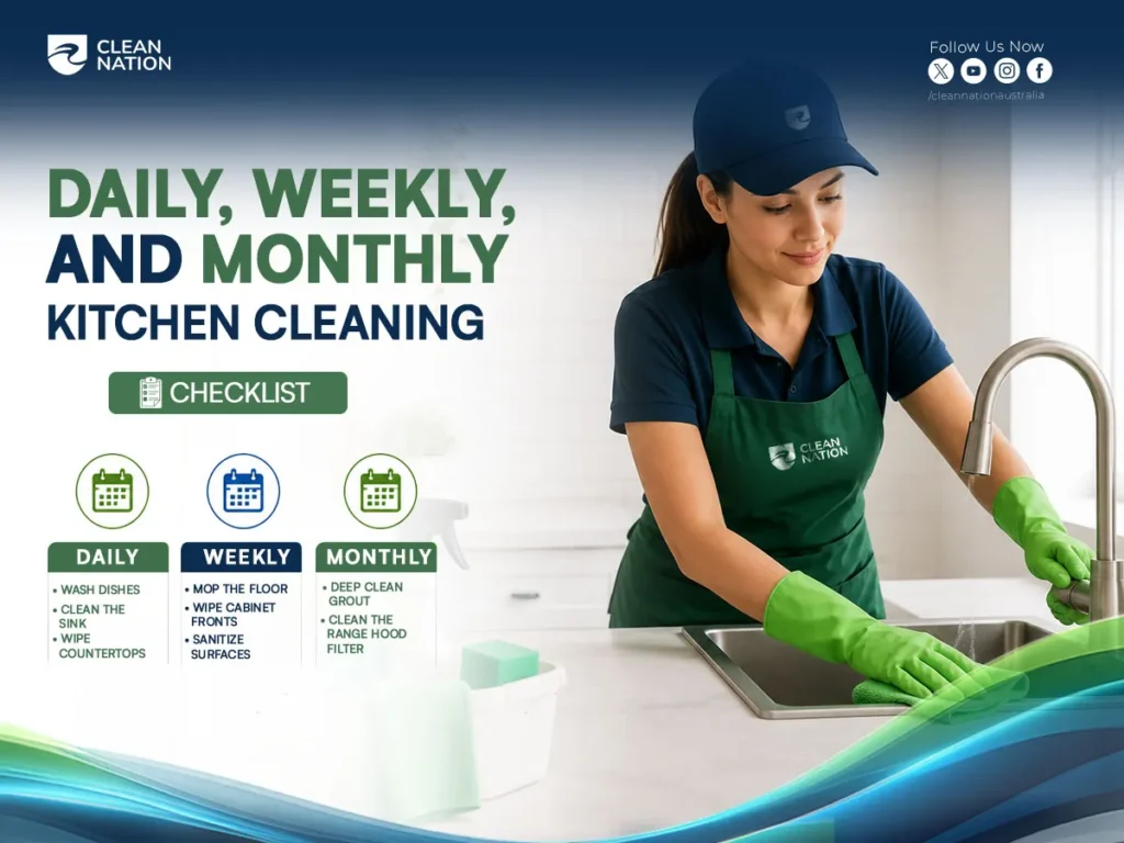 Daily, weekly, and monthly kitchen cleaning checklist showing a professional cleaner wiping a kitchen sink, illustrating how to deep clean your kitchen with regular tasks like washing dishes, sanitising surfaces, and deep cleaning grout and the range hood filter.