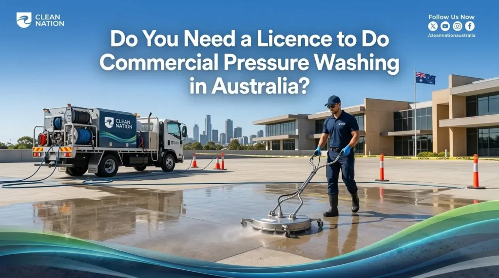 Commercial pressure washing in Australia with a professional cleaner using a surface cleaner on a large concrete area.