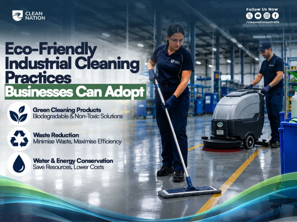 Two professional cleaners perform eco-friendly industrial cleaning in a large warehouse using a microfiber mop, floor scrubber, and biodegradable cleaning products. The image demonstrates Is industrial cleaning environmentally friendly? by highlighting green cleaning products, waste reduction, and water and energy conservation for sustainable workplace cleaning.