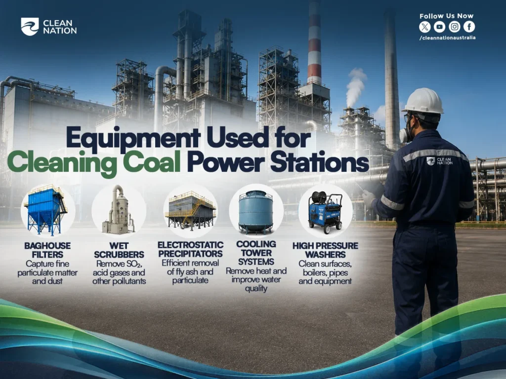 An industrial coal power station with a maintenance worker in safety gear standing in front of the facility, alongside an infographic showing essential cleaning equipment, including baghouse filters, wet scrubbers, electrostatic precipitators, cooling tower systems, and high-pressure washers. This image supports "How to Clean Coal Power Stations" by illustrating the specialized equipment used to remove dust, ash, pollutants, and buildup while improving efficiency, safety, emissions control, and overall plant performance.