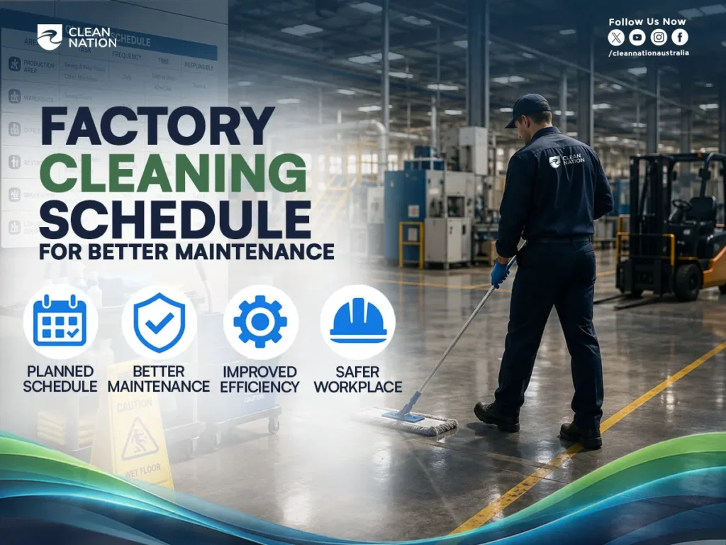 A factory worker mops the floor inside a modern manufacturing facility as a factory cleaning schedule infographic highlights planned maintenance, improved efficiency, workplace safety, and the use of Top-Rated Industrial Cleaning Products for Factories to keep industrial environments clean and well maintained.