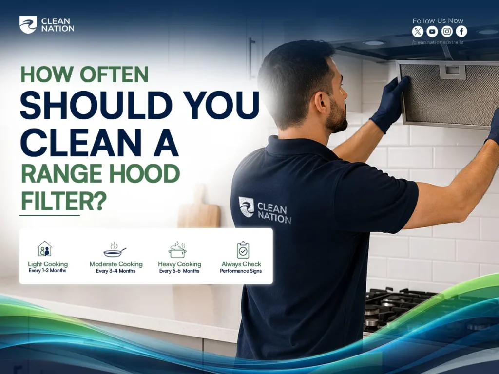 Professional cleaner inspecting and reinstalling a kitchen range hood filter in a modern kitchen, showing How to Clean a Kitchen Range Hood Filter? and how regular cleaning helps maintain efficient ventilation and performance.