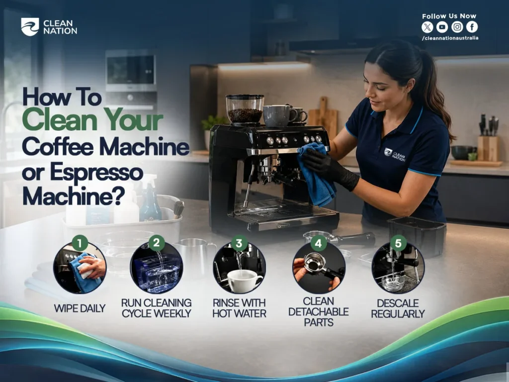 How To Clean Your Kitchen Appliances by maintaining your coffee or espresso machine, showing a professional cleaner wiping the machine and demonstrating key steps including daily wiping, weekly cleaning cycles, rinsing with hot water, cleaning detachable parts, and regular descaling.
