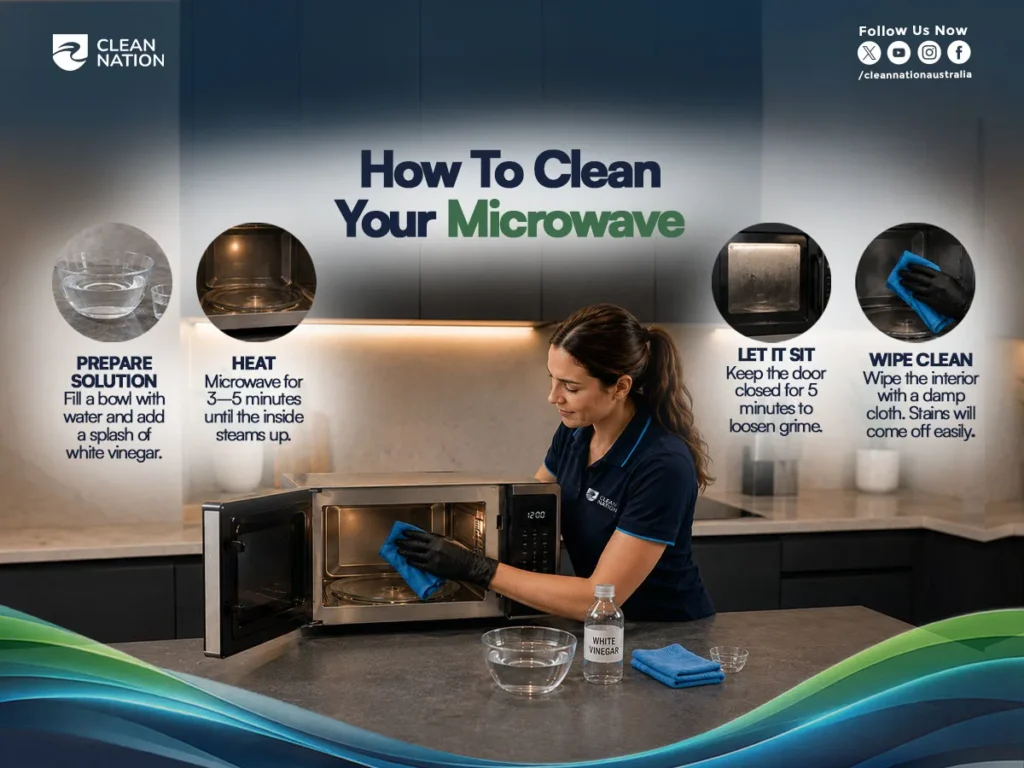 A step-by-step infographic demonstrating How To Clean Your Kitchen Appliances by cleaning a microwave with a simple vinegar and water solution. The image shows a person wiping the inside of an open microwave with a blue microfiber cloth after heating a bowl of water mixed with white vinegar, letting the steam loosen grime, and then wiping the interior clean. The visual includes each cleaning step with illustrations, promoting an easy and effective microwave cleaning method.