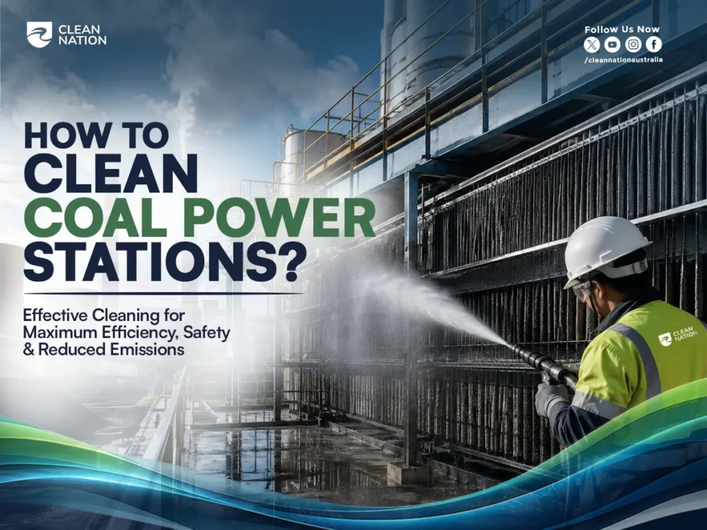 Industrial worker using a high-pressure water jet to clean equipment at a coal power station, demonstrating How to Clean Coal Power Stations? safely to remove built-up soot, ash, and industrial residue for improved efficiency, workplace safety, and reduced emissions.