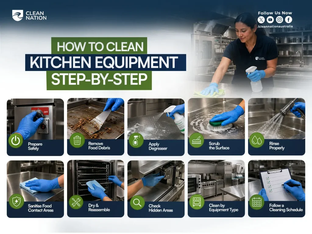 How to Clean Commercial Kitchen Equipment? Step-by-step guide showing safe preparation, food debris removal, degreasing, scrubbing, rinsing, sanitising food-contact areas, drying and reassembling, checking hidden areas, cleaning by equipment type, and following a cleaning schedule.