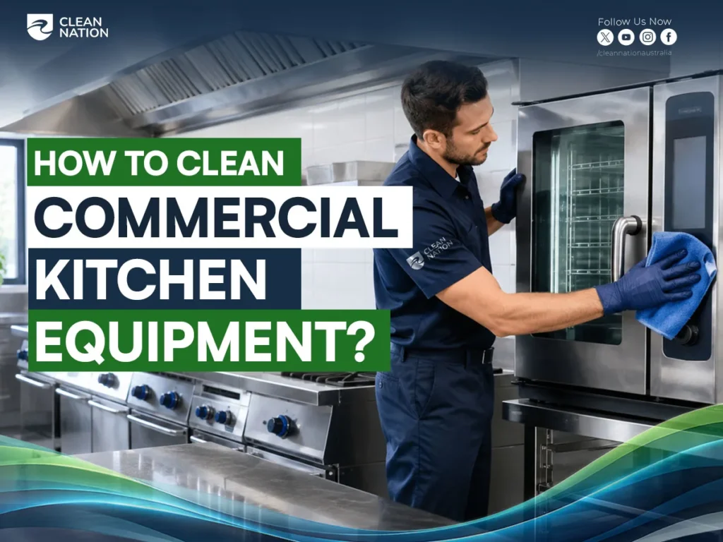 A commercial kitchen cleaner wearing protective gloves wipes down a large commercial oven, with stainless steel cooking equipment and ventilation systems in the background, illustrating How to Clean Commercial Kitchen Equipment?