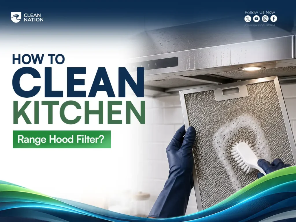 Person wearing protective gloves cleaning a greasy kitchen range hood filter with a brush and soap, demonstrating How to Clean a Kitchen Range Hood Filter? for better ventilation, hygiene, and kitchen maintenance.
