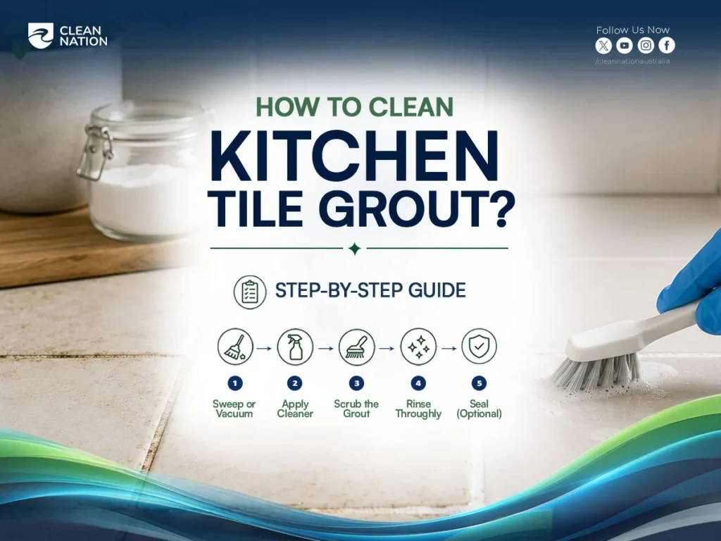 A step-by-step infographic titled "How to Clean Kitchen Tiles?" showing a close-up of a tiled kitchen floor with stained grout being scrubbed using a handheld brush. The guide illustrates five cleaning steps: sweep or vacuum, apply cleaner, scrub the grout, rinse thoroughly, and optionally seal the grout, with Clean Nation branding displayed at the top.