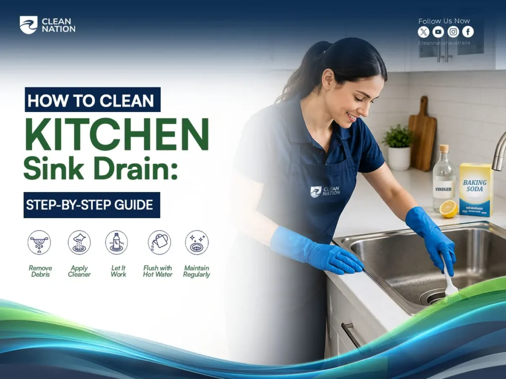 A person wearing gloves cleans a kitchen sink drain with a brush while using baking soda, vinegar, and hot water as part of a simple cleaning process. The step-by-step infographic demonstrates How to Clean a Kitchen Sink Drain by removing debris, applying cleaner, letting it work, flushing with hot water, and maintaining the drain regularly.