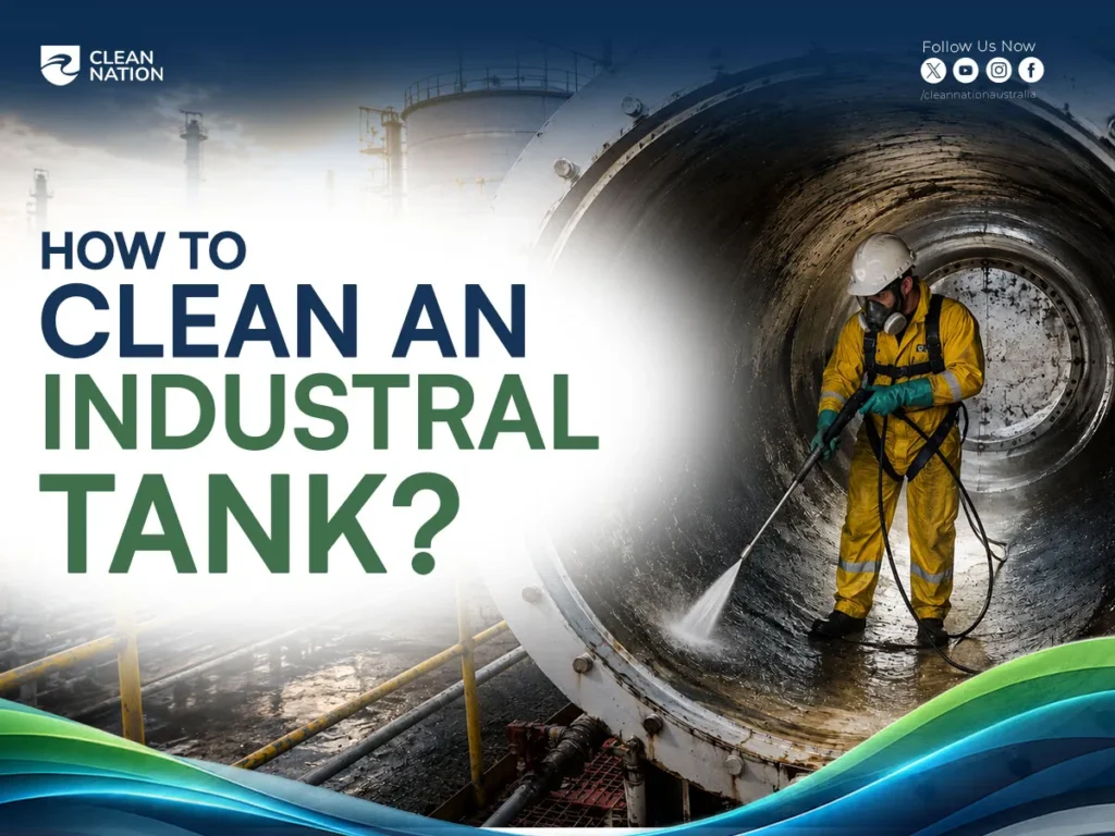 How to Clean an Industrial Tank? A worker wearing full protective safety gear uses a high-pressure washer to clean the inside of a large industrial storage tank, demonstrating professional industrial tank cleaning procedures in a heavy industrial facility.