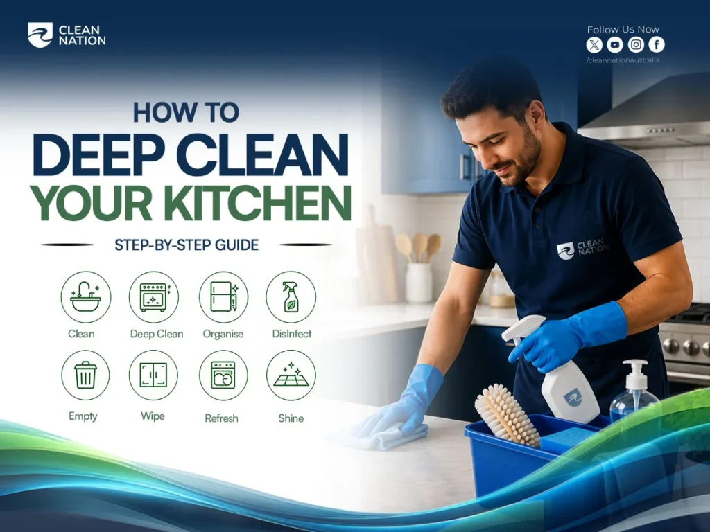 Professional cleaner demonstrating how to deep clean your kitchen by wiping a countertop with spray cleaner and cloth, alongside step-by-step icons for cleaning, disinfecting, organising, refreshing, and shining a modern kitchen.