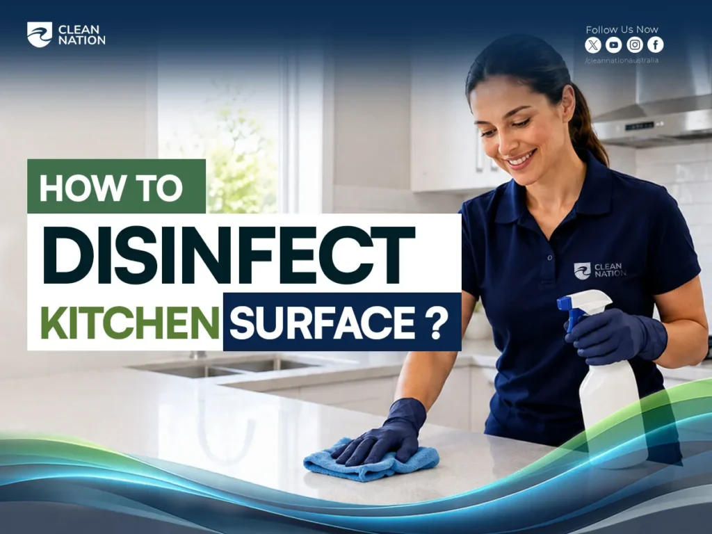 A professional cleaner wearing gloves wipes a modern kitchen countertop while holding a spray bottle in a bright, spotless kitchen, illustrating How to Disinfect Kitchen Surfaces safely and effectively for a hygienic home.