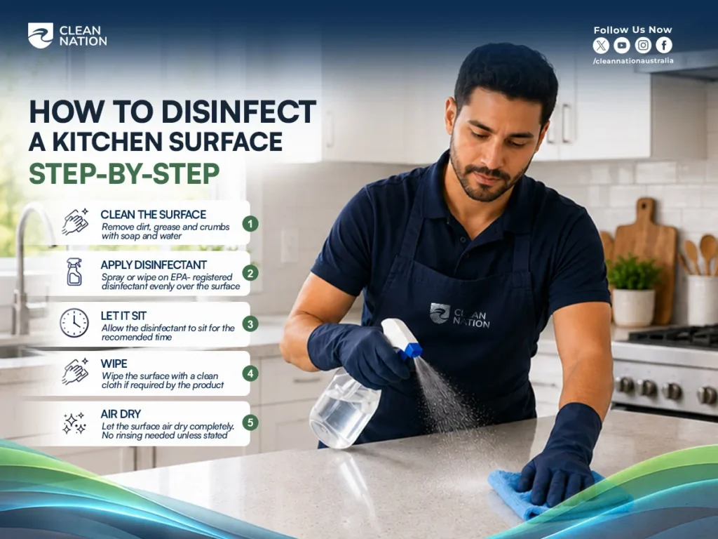 Step-by-step infographic showing a professional cleaner spraying and wiping a modern kitchen countertop while explaining How to Disinfect Kitchen Surfaces. The guide outlines cleaning the surface, applying an EPA-registered disinfectant, allowing the product to sit for the recommended contact time, wiping if required, and letting the surface air dry for effective germ removal.