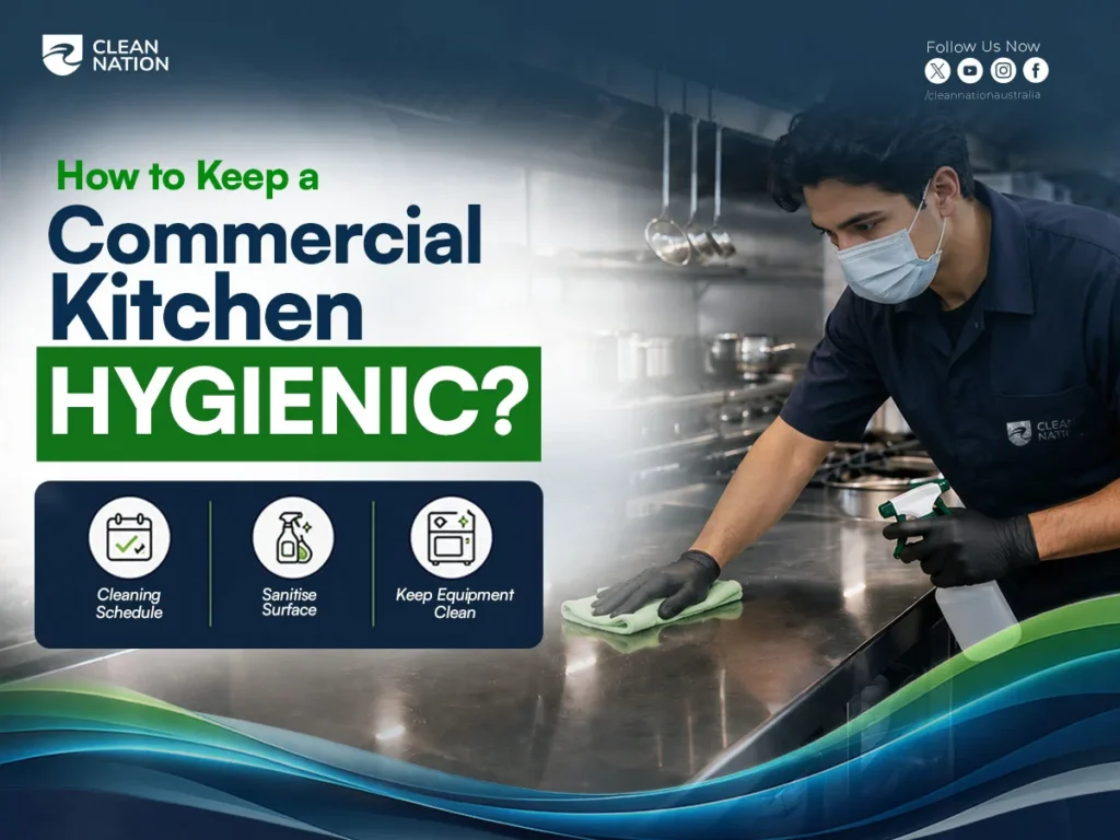 Clean Nation worker cleaning and sanitising a commercial kitchen countertop, illustrating How to Keep a Commercial Kitchen Hygienic? with regular cleaning, surface sanitisation, and clean equipment.