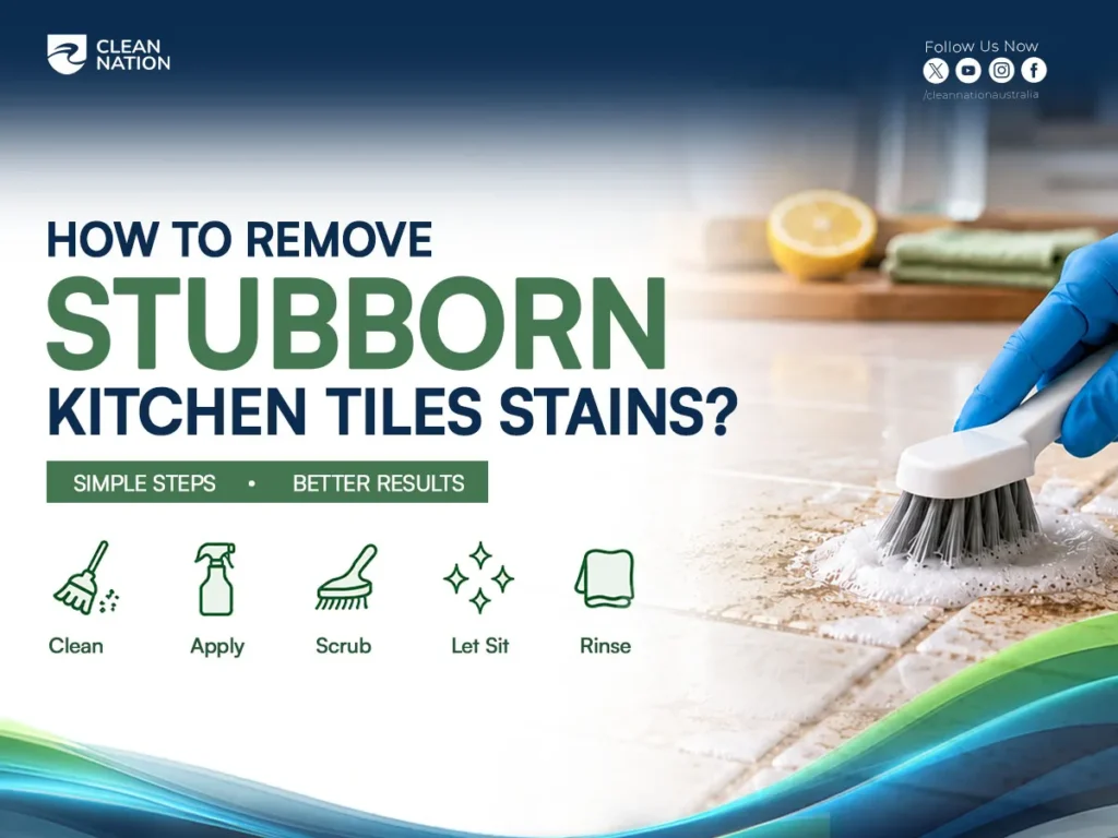 A promotional graphic showing a gloved hand scrubbing stained kitchen tiles with a cleaning brush and foamy cleaner, alongside step-by-step icons for cleaning, applying solution, scrubbing, letting it sit, and rinsing. The design highlights practical tips on How to Clean Kitchen Tiles? by removing stubborn stains for cleaner, brighter tile surfaces.