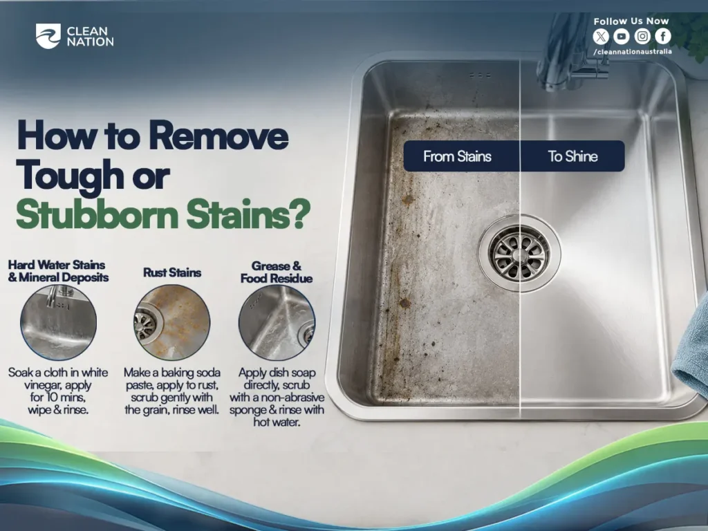 How to Clean a Stainless Steel Kitchen Sink? An illustrated guide showing how to remove tough stains from a stainless steel sink, including hard water and mineral deposits, rust stains, and grease or food residue using white vinegar, baking soda paste, dish soap, gentle scrubbing, and thorough rinsing.