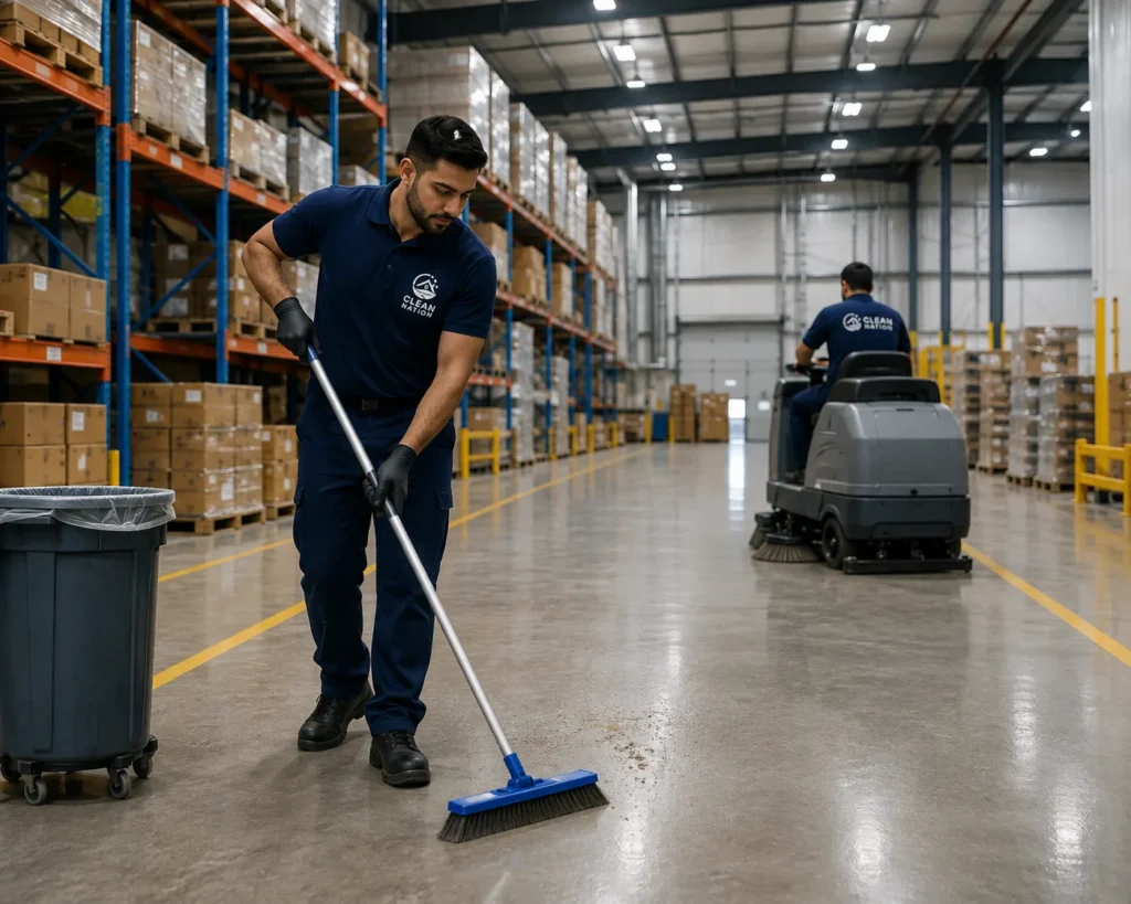Clean Nation cleaners scrubbing and mopping the floor of a Perth warehouse