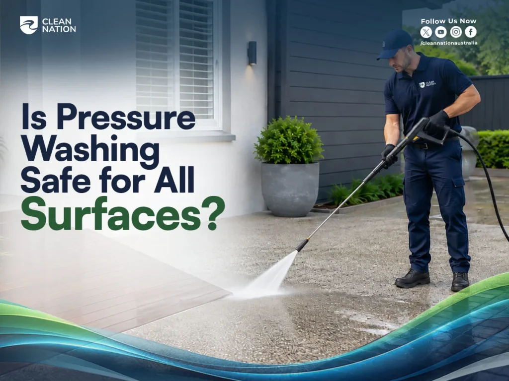 “Professional pressure washing service cleaning a residential driveway and outdoor surfaces safely”