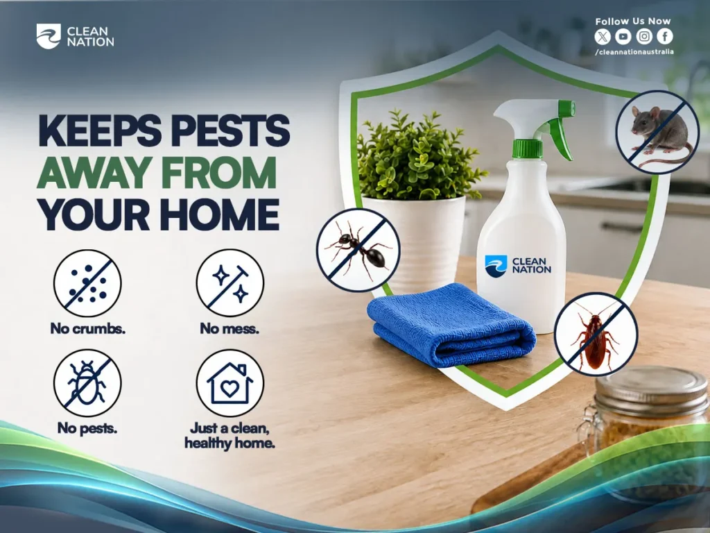 A clean kitchen countertop with a spray bottle and microfiber cloth is displayed alongside icons showing ants, cockroaches, and rodents being kept away through proper hygiene. The image highlights the Health Benefits of Cleaning the Kitchen by preventing crumbs and mess, reducing pest infestations, and creating a cleaner, healthier, and safer home environment.