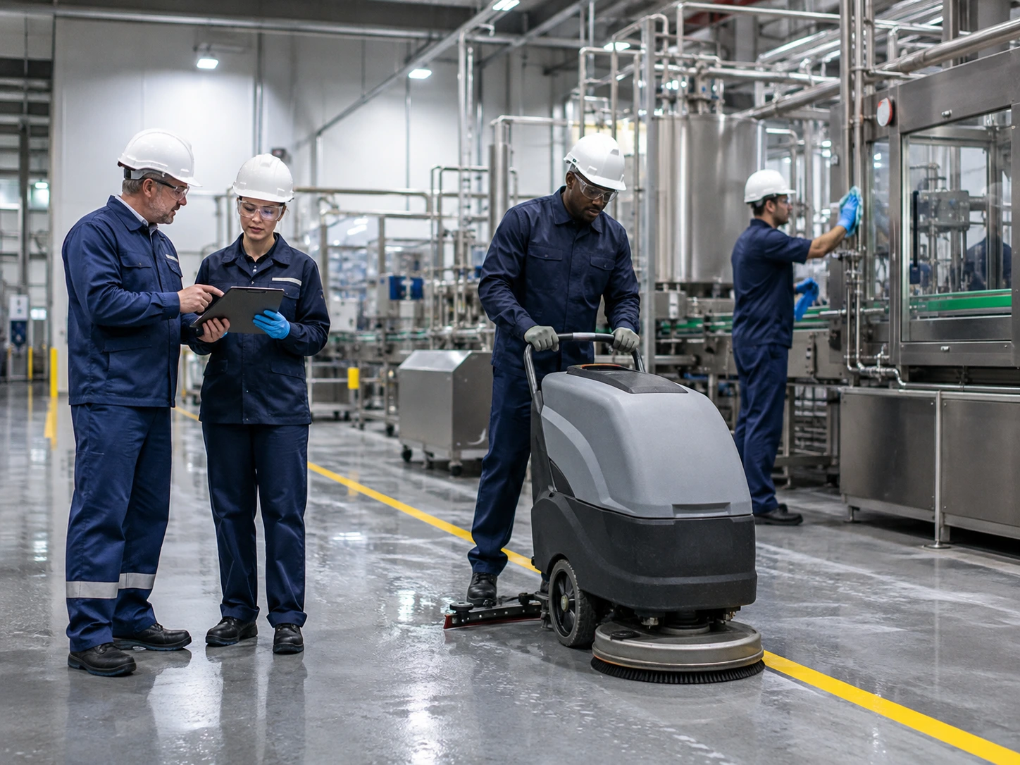 Two workers in hard hats checking a floor scrubber on a manufacturing plant floor