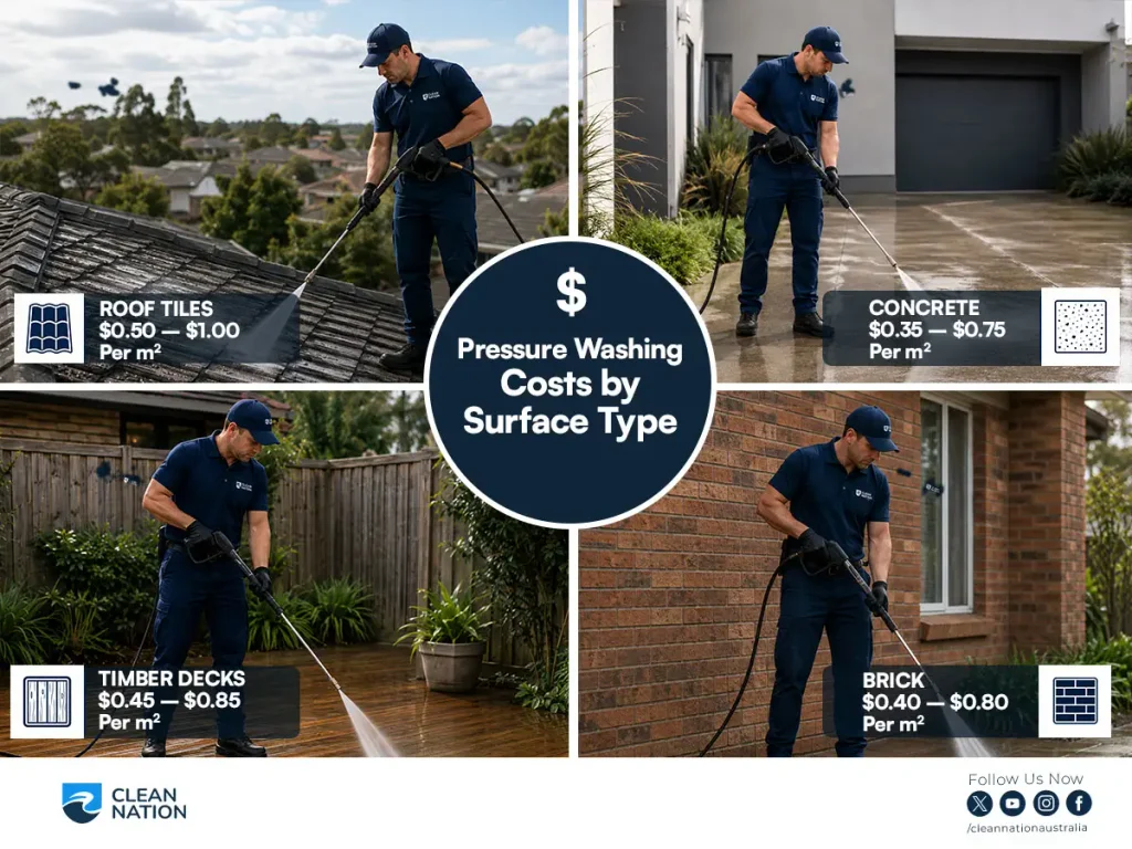Pressure washing costs by surface type in Australia for roof tiles, concrete, timber decks, and brick surfaces