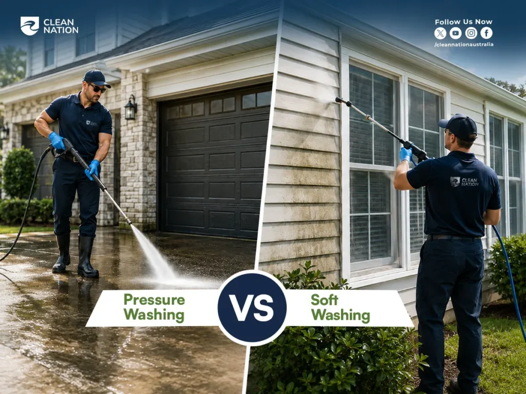 Split-screen comparison of pressure washing and soft washing for exterior home cleaning, showing professionals cleaning a driveway and house siding.