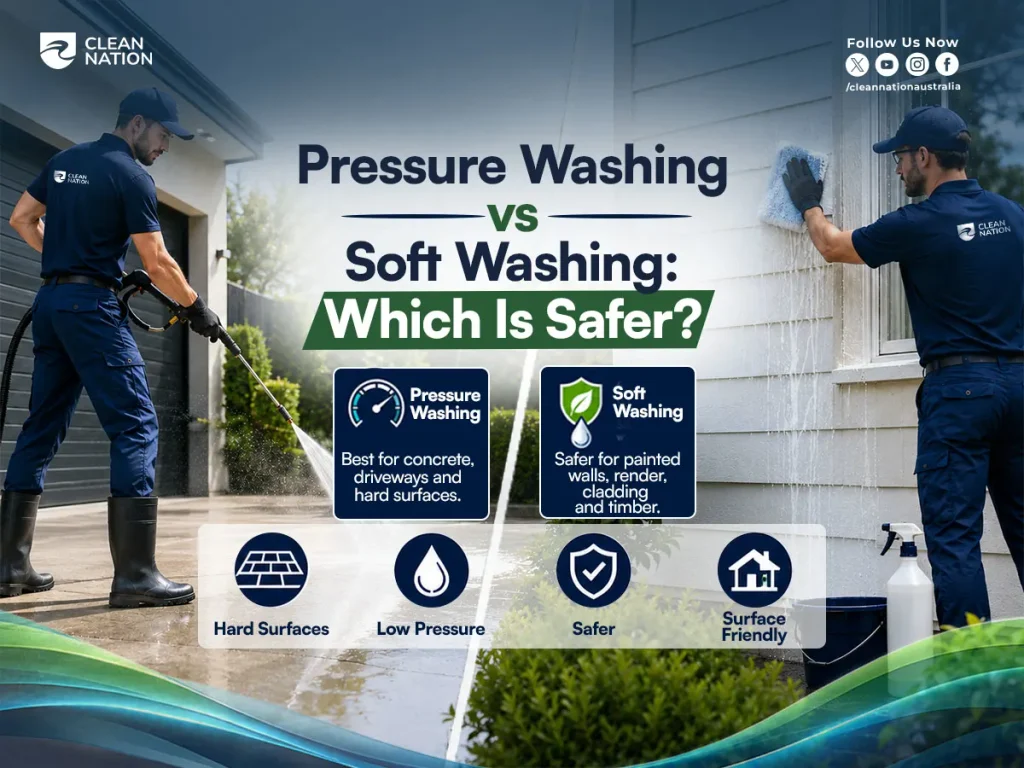 “Pressure washing vs soft washing for different surfaces, showing high-pressure cleaning for concrete and gentle soft washing for painted walls and timber”