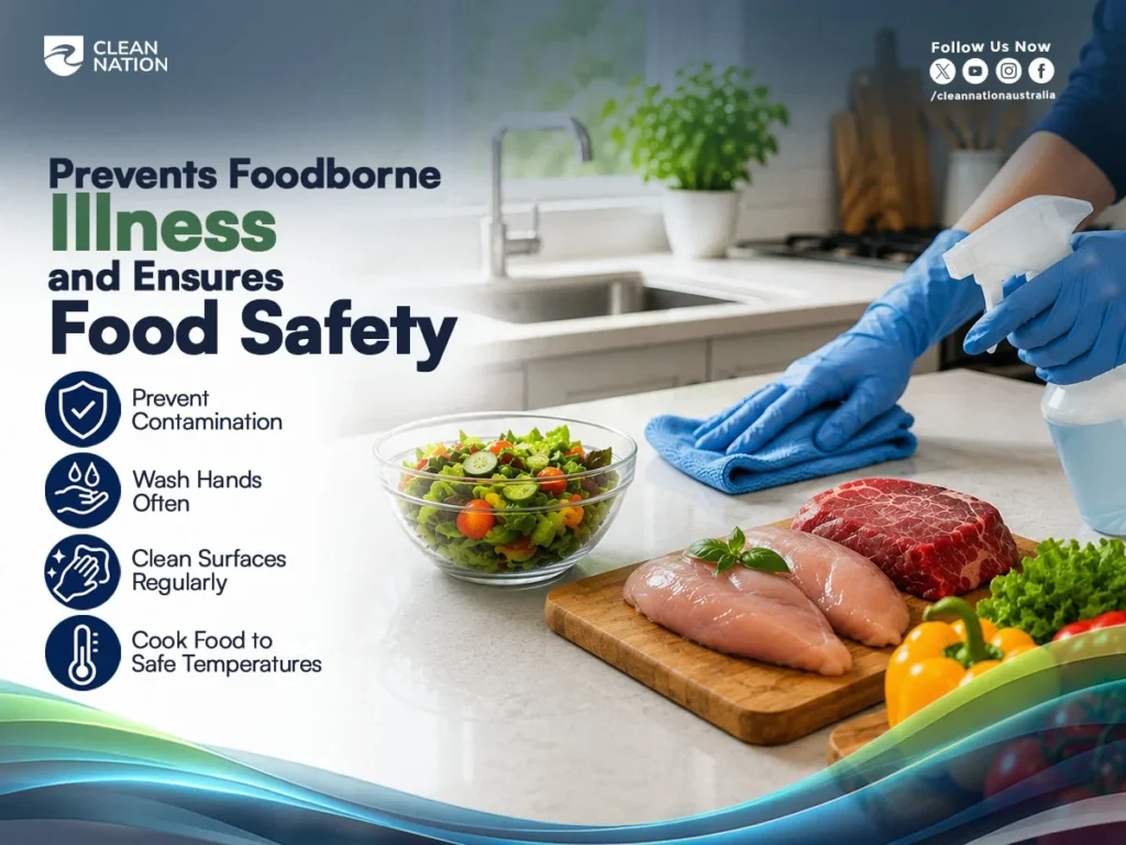 A person wearing blue protective gloves sprays and wipes a clean kitchen countertop beside fresh vegetables, raw chicken, and beef, promoting safe food preparation. The image highlights the Health Benefits of Cleaning the Kitchen by preventing foodborne illness, reducing contamination, encouraging regular handwashing, cleaning surfaces frequently, and cooking food to safe temperatures for improved food safety and hygiene.