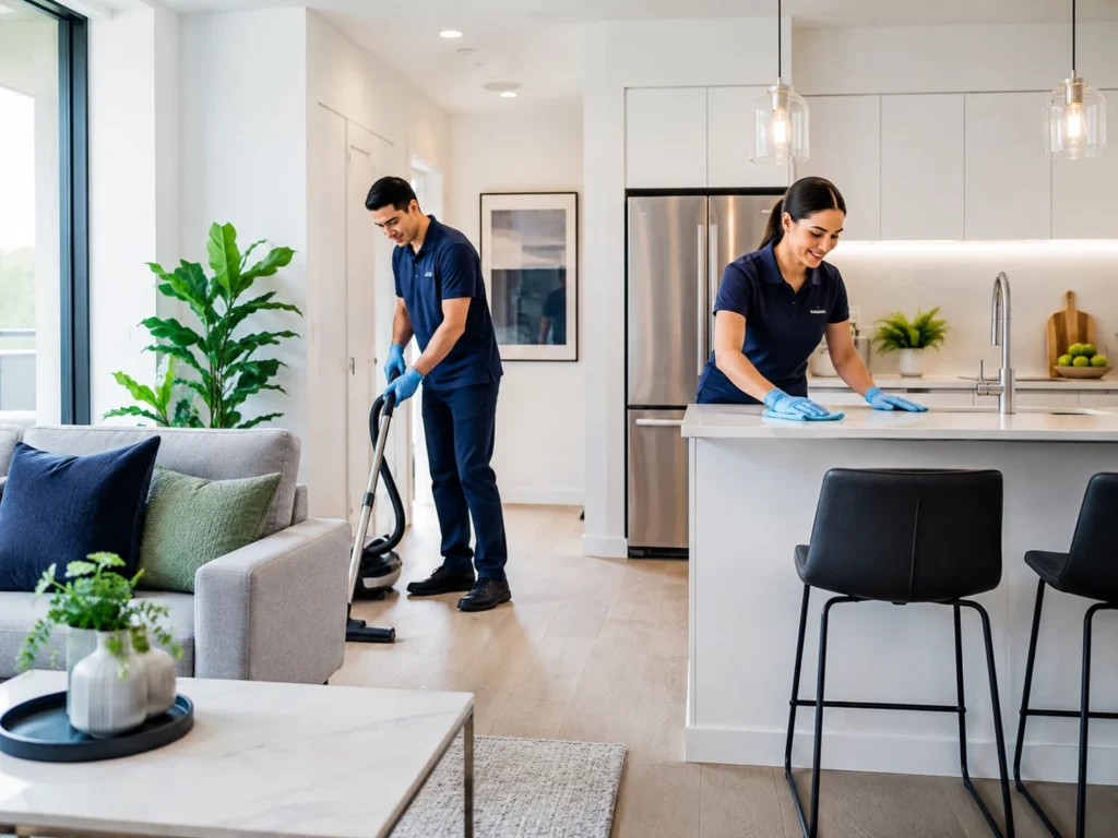 Clean Nation team cleaning the kitchen and living area of a Perth apartment