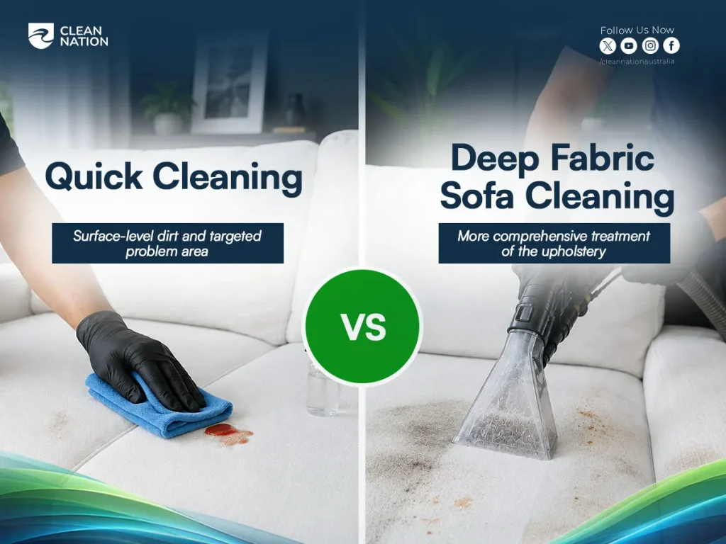 “Quick Cleaning vs Deep Fabric Sofa Cleaning – surface-level stain removal with a cloth compared to deep upholstery cleaning using a professional extraction machine.”