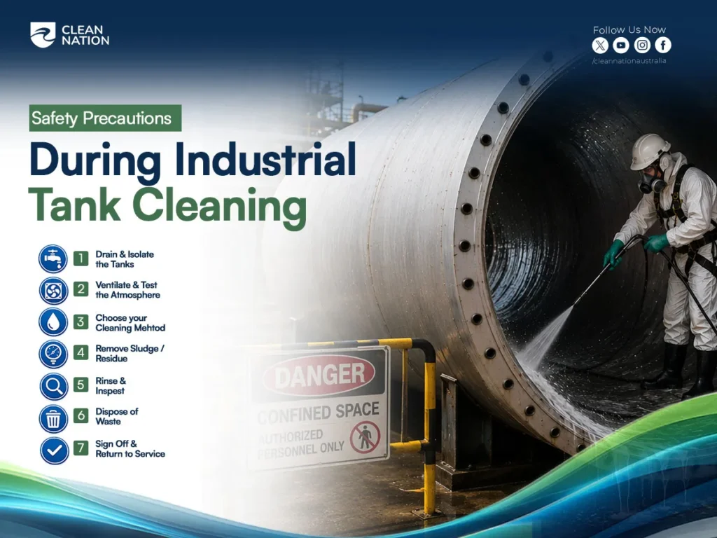 A technician in full protective equipment pressure washes the inside of a large industrial tank beside a confined space warning sign, highlighting essential safety procedures and How to Clean an Industrial Tank? through proper isolation, ventilation, cleaning, inspection, and waste disposal.