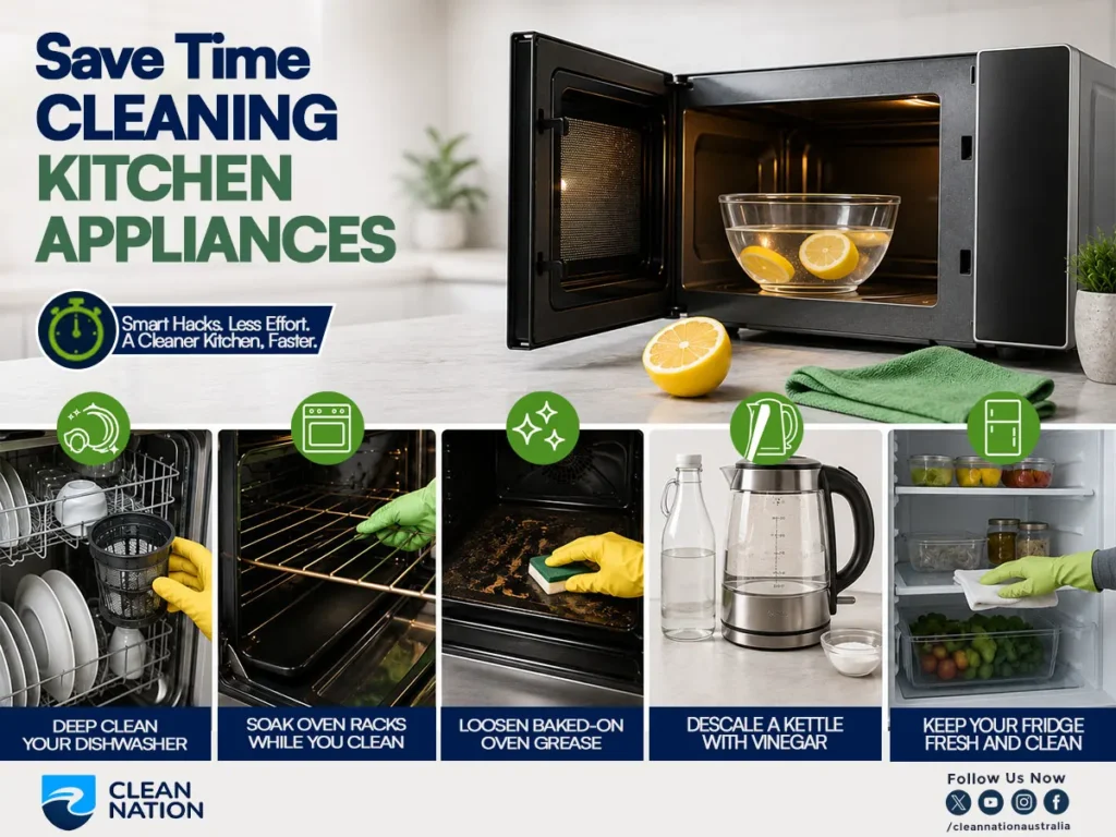 Kitchen Cleaning Hacks That Actually Save You Time, featuring practical ways to clean kitchen appliances, including a dishwasher, oven racks, oven grease, kettle, and refrigerator using simple cleaning methods.