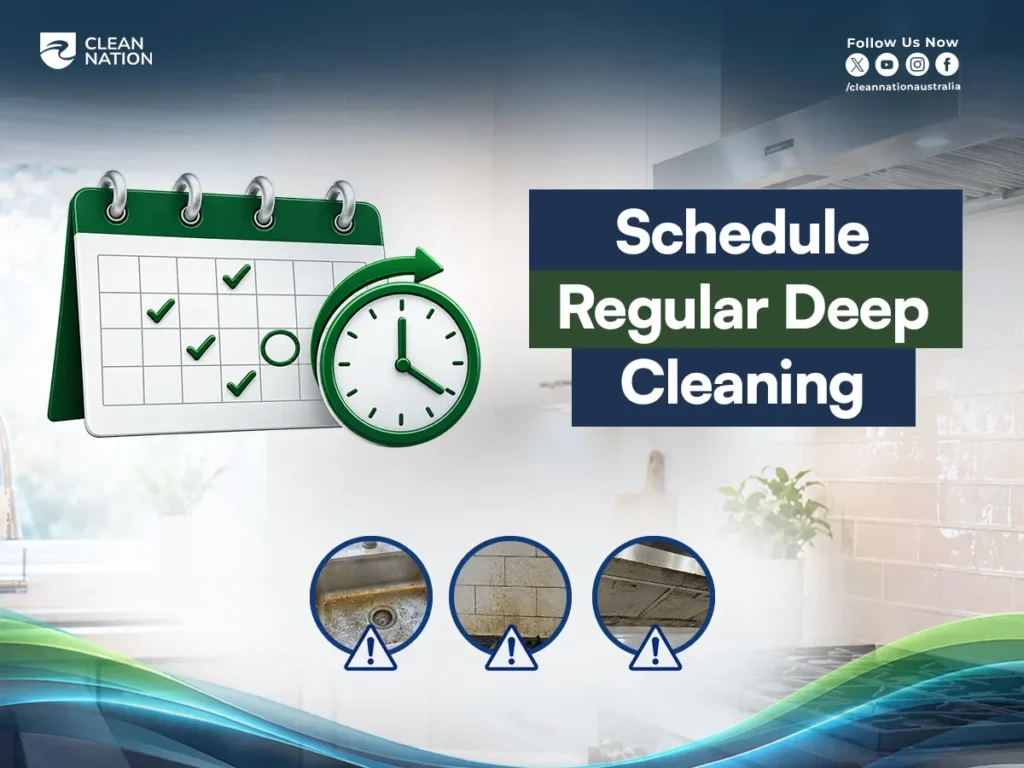5 Professional Tips for a Cleaner kitchen, featuring a calendar and clock to represent regular deep cleaning, with images highlighting areas that need thorough cleaning.