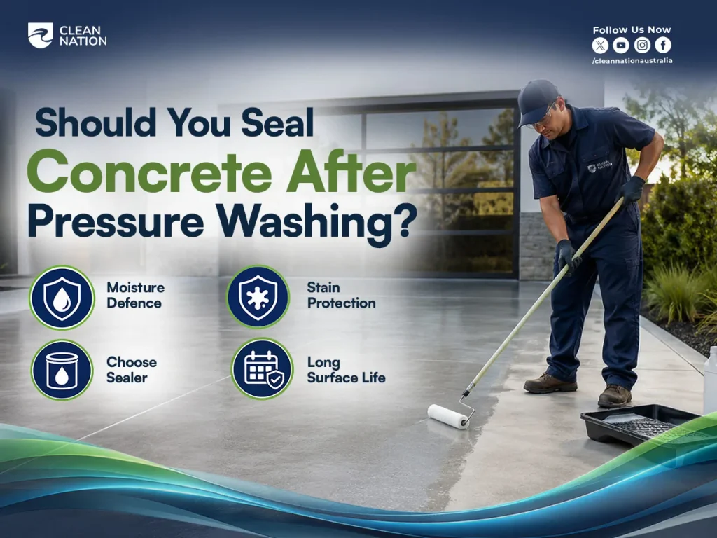 Clean Nation professional applying sealer to a concrete driveway after pressure washing to help protect against moisture and stains.