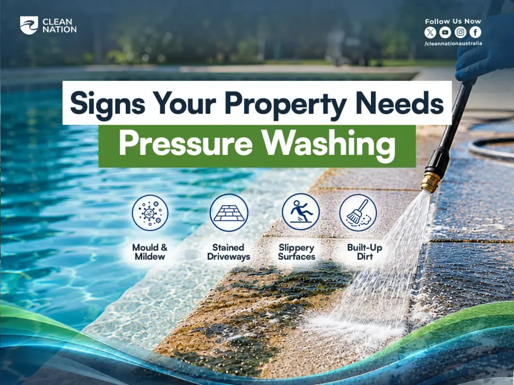 Professional pressure washing service removing mould, stains, slippery buildup, and dirt from a poolside property surface.
