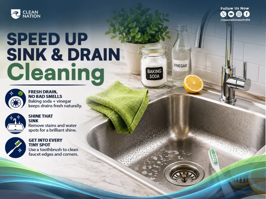 Kitchen Cleaning Hacks That Actually Save You Time, featuring a clean kitchen sink and drain with baking soda, vinegar, lemon, a microfiber cloth, and a toothbrush for removing stains, odors, and buildup.