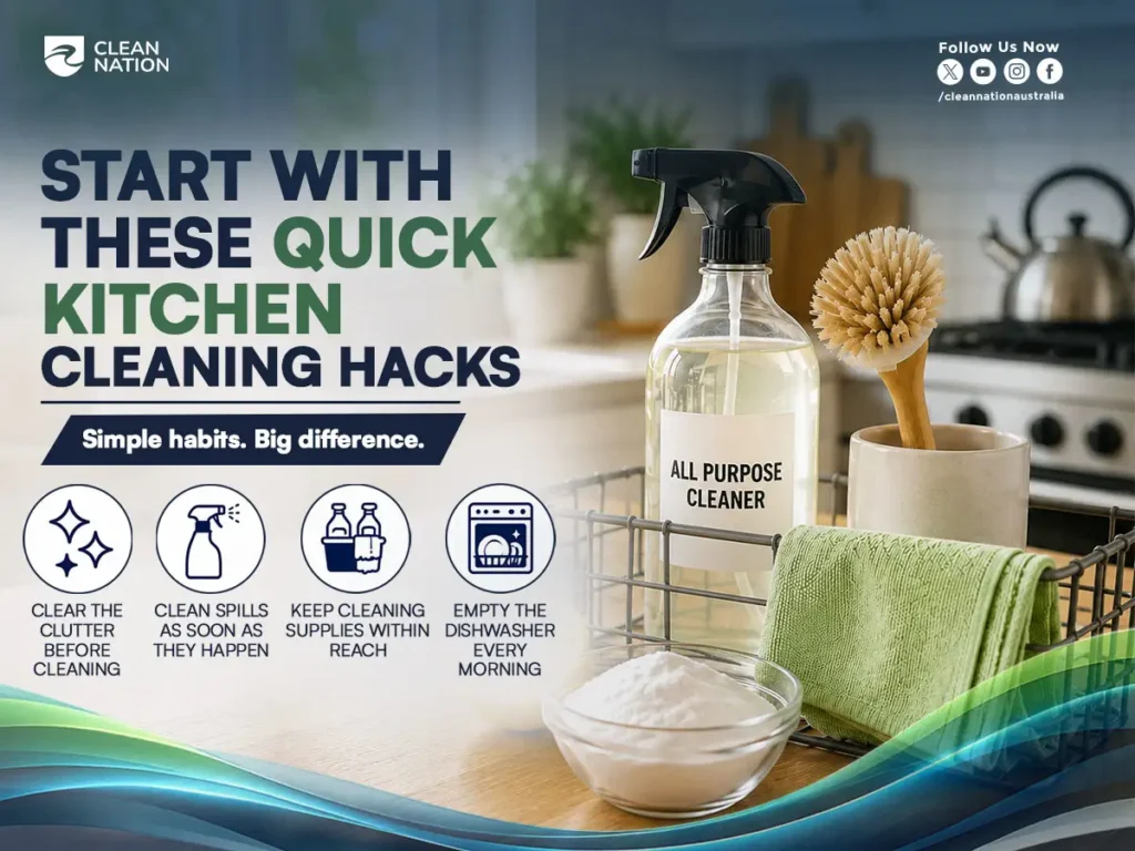 Kitchen Cleaning Hacks That Actually Save You Time, showing a spray cleaner, cleaning brush, microfiber cloth, baking soda, and simple kitchen cleaning tips for keeping the space tidy and efficient.