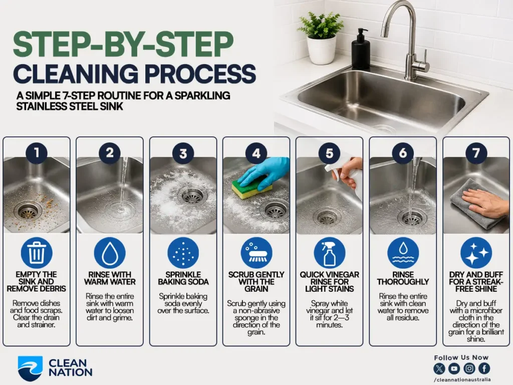 How to Clean a Stainless Steel Kitchen Sink? A step-by-step 7-stage cleaning process showing how to empty and rinse the sink, sprinkle baking soda, scrub with the grain, use vinegar for light stains, rinse thoroughly, and dry with a microfiber cloth for a streak-free shine.