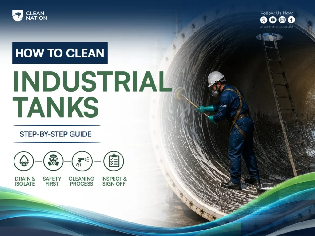 A worker in full protective gear scrubs the interior of a large industrial storage tank as part of a step-by-step cleaning process, illustrating How to Clean an Industrial Tank? with key stages including drain and isolate, safety first, cleaning, and final inspection.