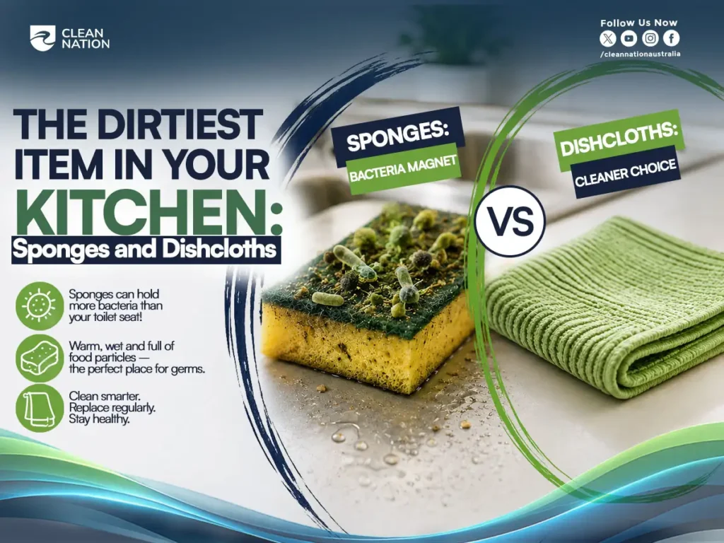 An infographic compares a bacteria-covered kitchen sponge with a clean green dishcloth, explaining that sponges can trap germs, moisture, and food particles, while dishcloths are a cleaner alternative when replaced regularly. The image highlights the Health Benefits of Cleaning the Kitchen by encouraging proper cleaning tools, reducing bacterial contamination, and promoting a safer, more hygienic food preparation environment.