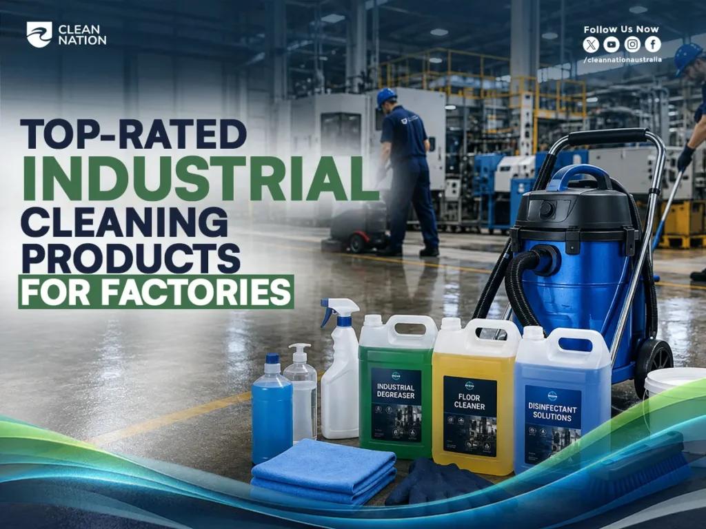 Cleaning products and equipment arranged inside a modern factory, including industrial degreasers, floor cleaners, disinfectant solutions, spray bottles, microfiber cloths, and a wet and dry vacuum, with workers cleaning the facility in the background, showcasing Top-Rated Industrial Cleaning Products for Factories.