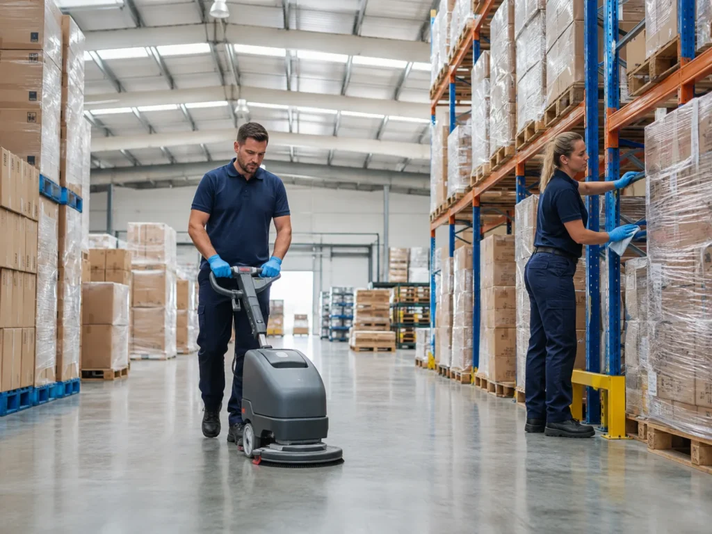 Commercial cleaners using an industrial floor scrubber on a warehouse floor