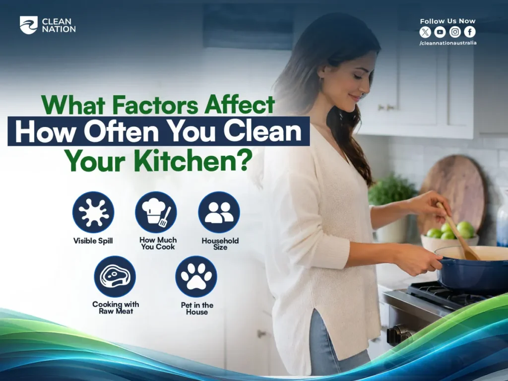 How Often Do You Clean Your Kitchen? A woman cooking in a home kitchen with factors such as visible spills, cooking frequency, household size, raw meat preparation, and pets affecting how often the kitchen should be cleaned.