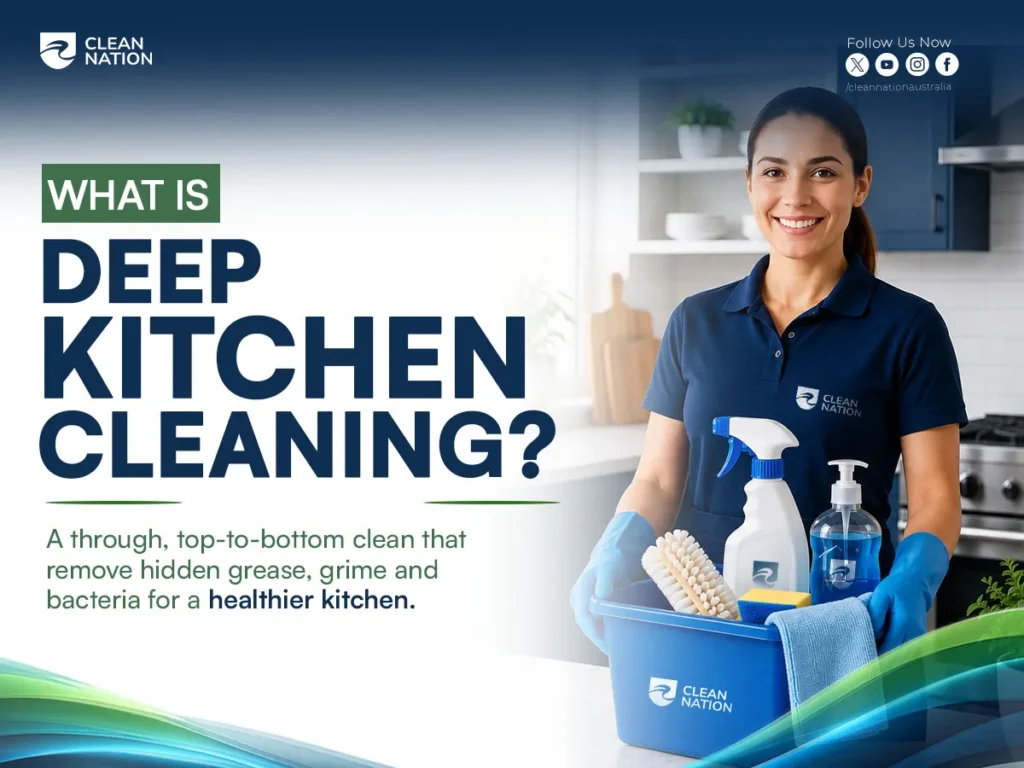 How to Deep Clean Your Kitchen? Illustration of a professional cleaner holding a caddy with spray bottles, brushes, and cleaning cloths in a modern kitchen, highlighting a thorough deep kitchen cleaning that removes grease, grime, and bacteria for a healthier home.