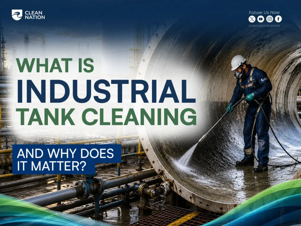 A technician wearing protective equipment and a respirator uses a high-pressure water jet to clean the inside of a large industrial storage tank at a processing facility, illustrating How to Clean an Industrial Tank? safely and effectively as part of professional industrial tank cleaning.