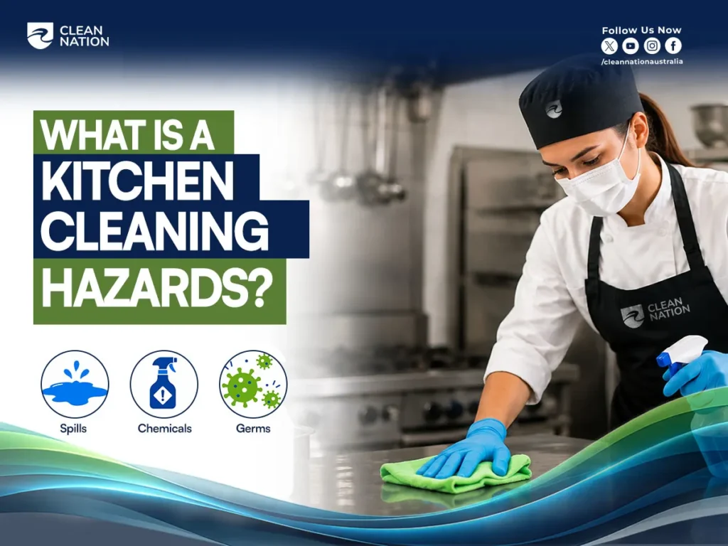 Clean Nation kitchen cleaner wearing protective gear and gloves wipes a commercial kitchen surface, highlighting spills, chemicals, and germs as What Are the 3 Types of Hazards in Kitchen Cleaning?