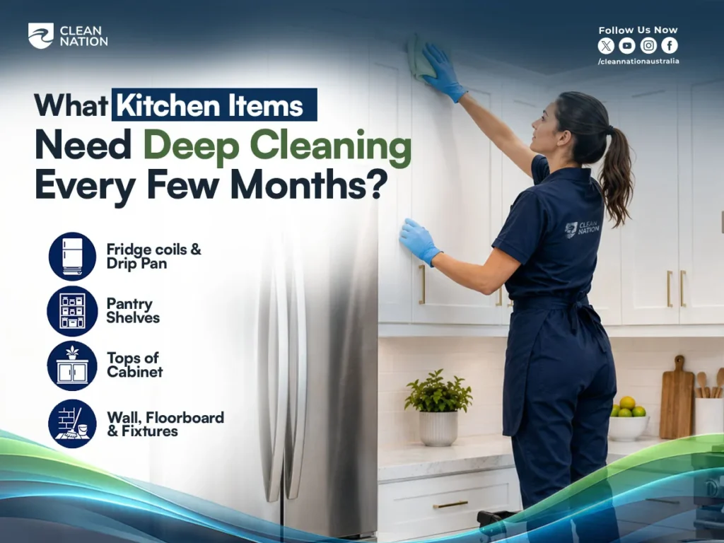 How Often Do You Clean Your Kitchen? A professional cleaner deep cleaning a kitchen, including fridge coils and drip pan, pantry shelves, cabinet tops, walls, floorboards, and fixtures every few months.